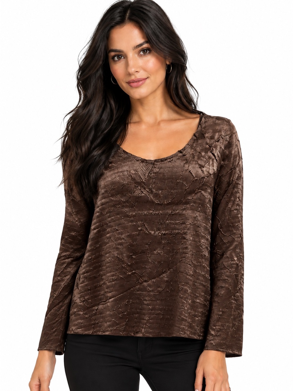 VTG Y2K Pleats Collection Crinkled Textured Satin Long-Sleeve Blouse Deep Brown